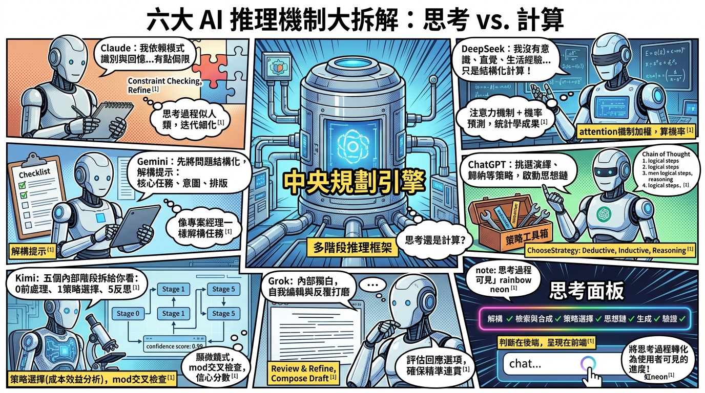 六大 AI 的推理機制：思考還是計算？