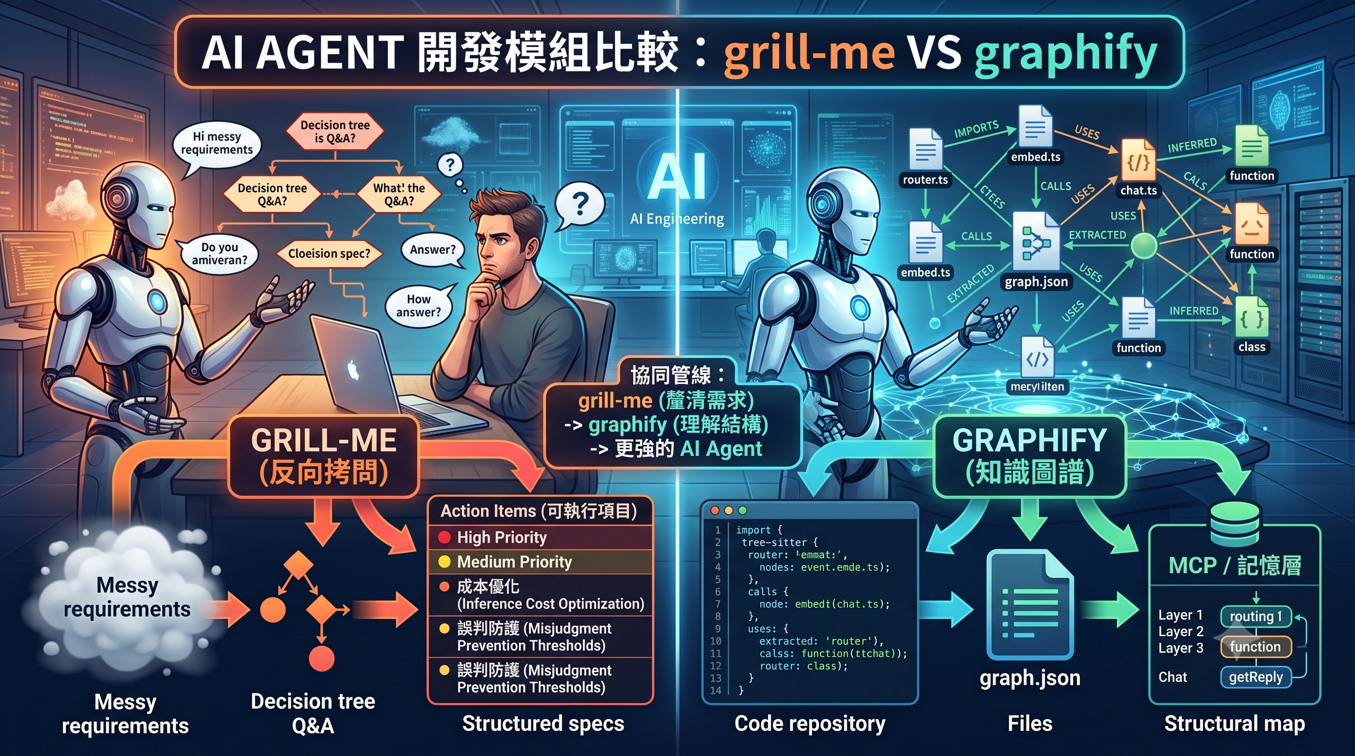 grill-me + graphify：AI 代理開發的拷問與地圖